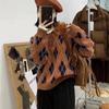 Polo Collar Diamond Plaid Pullover Sweater Loose Autumn and Winter 2022 New Popular Vintage Versatile Knit Sweater Female Top