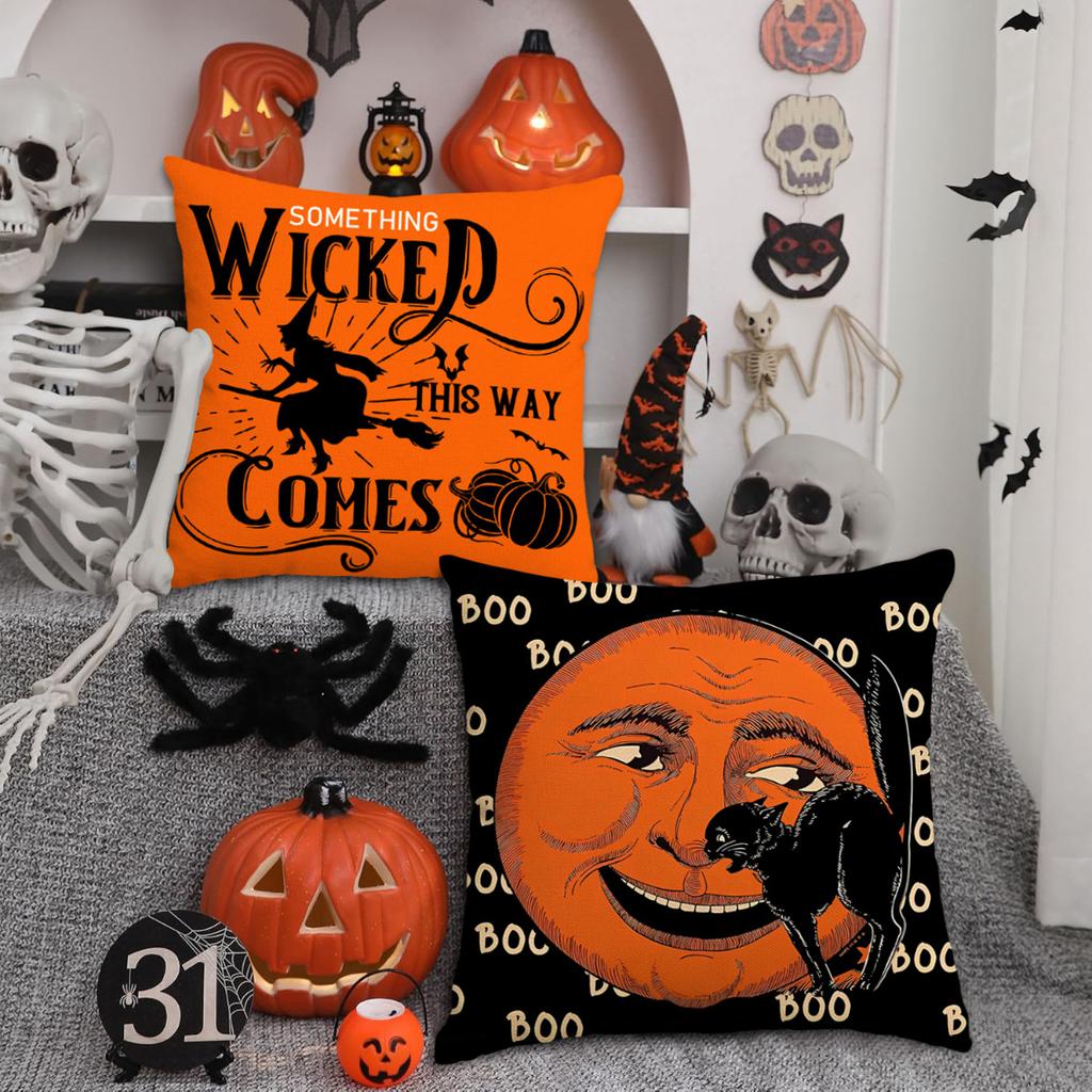 1pc Orenge Cushion Cover with  Moon Witch Pattern Soft Cozy Cover for Halloween Themed Party for Living Room Couch Decoration