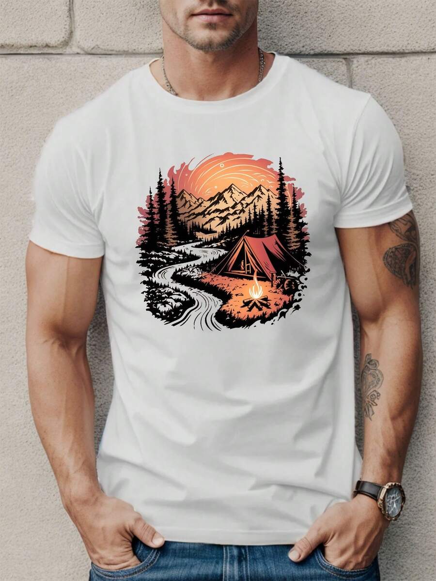 

Stylish Men s Short Sleeve Summer & Spring Crew Neck Tee - Comfort Fit, Mountains And Rivers Creative 5XL різнокольоровий