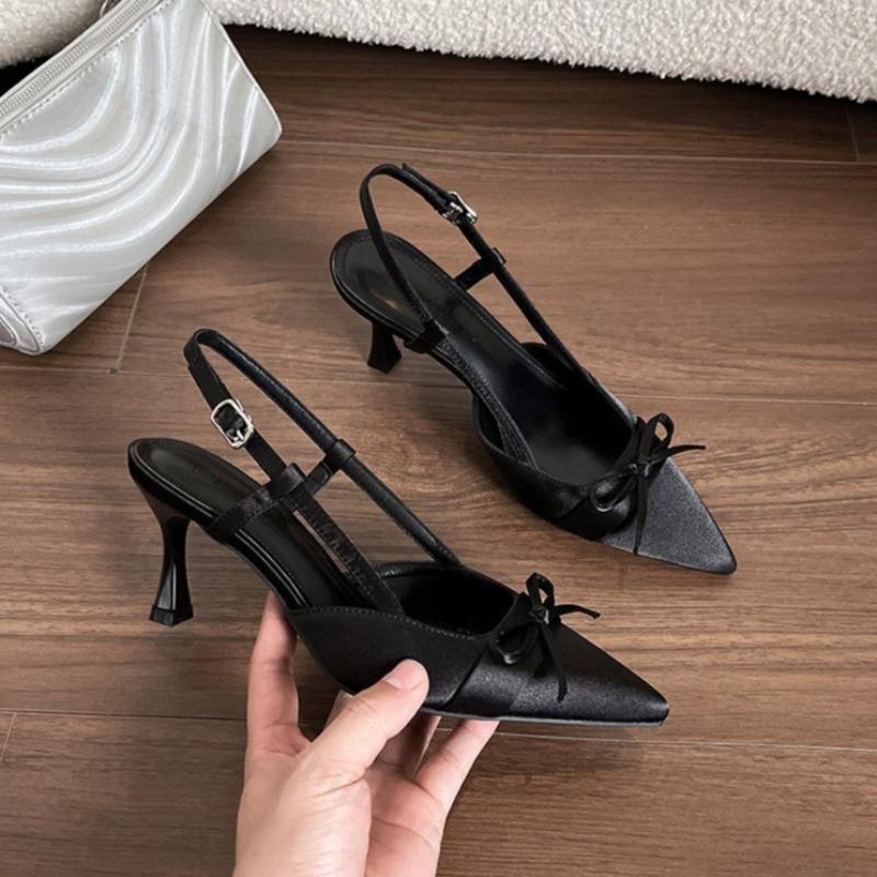 Fashion Women Heeled Sandals 2025 Summer New Pointed Toe Bow Fashion Buckle Pumps Shallow Party Sandalias De Mujer Luxury High Quality