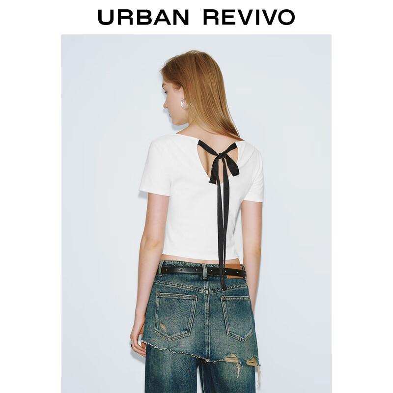 UR 2025 Women's Back Ribbon Letter Embroidered Short Sleeve T-Shirt