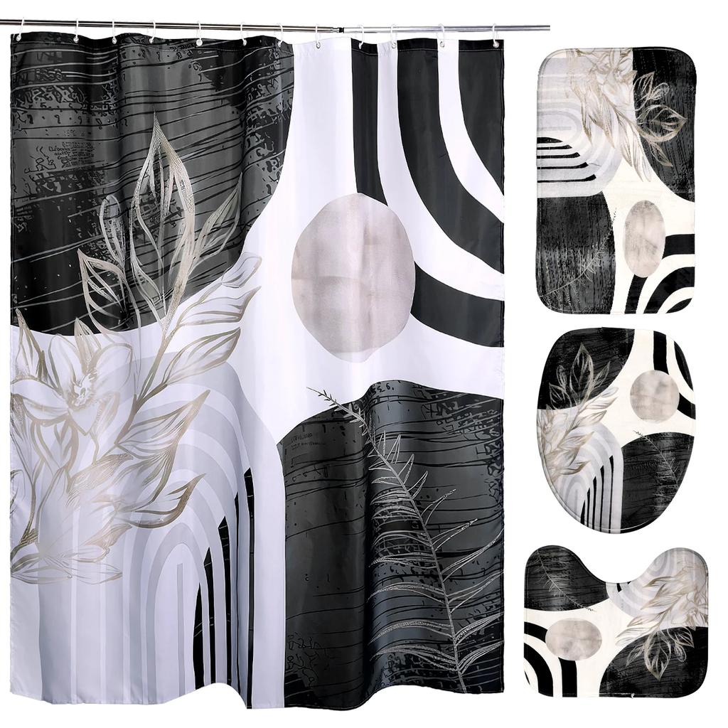 4 Pcs Set Vintage Bath Curtain with Hooks and Rugs Bath Mat U Shape Toilet Lid Cover Mat Waterproof Non Slip for Multiscene