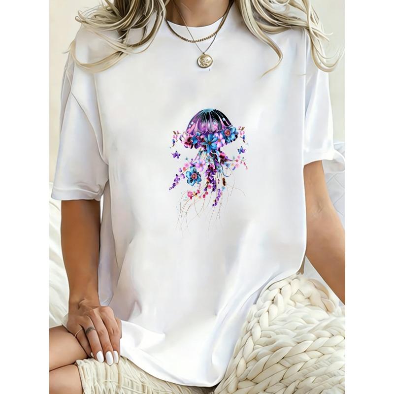 Oversized T Shirt Black Jellyfish Floral Print For Casual Wear
