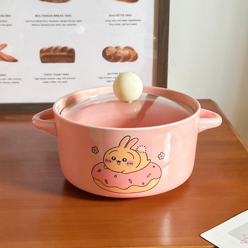 High-value Cute Tableware Ceramic Instant Noodle Bowl with Lid Children's Rice Bowl Student Dormitory Instant Noodle Bowl Binaural Soup Bowl