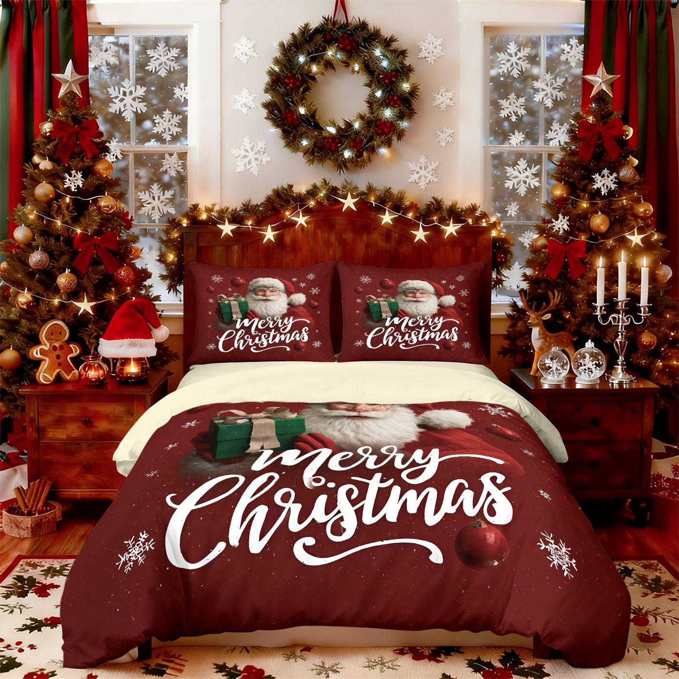 

3pcs Merry Christmas, Santa Claus printed chipless duvet cover set, multi size bedroom bedding decoration, machine washable 135x200cm-EU-Single&set