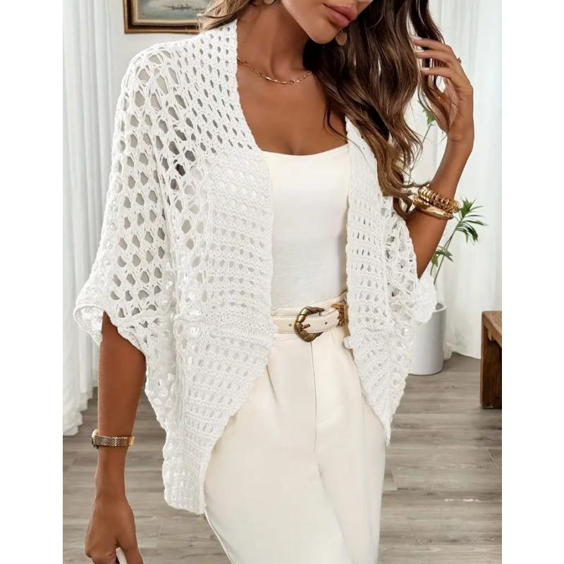 Women Open Front Hollow Knit Short Sleeve Casual Cardigan S белый
