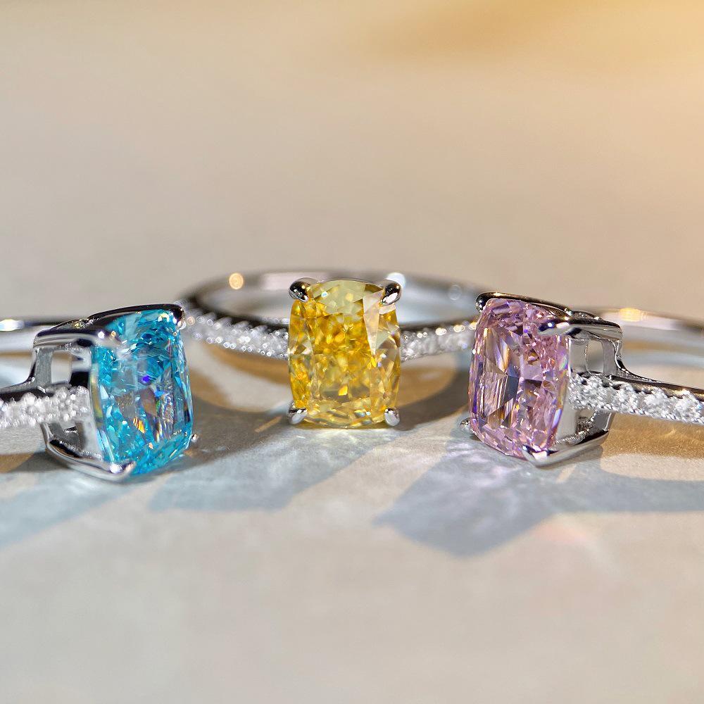 New S925 Sterling Silver Radiant-Cut Yellow Diamond Ring for Women - Hot Sale