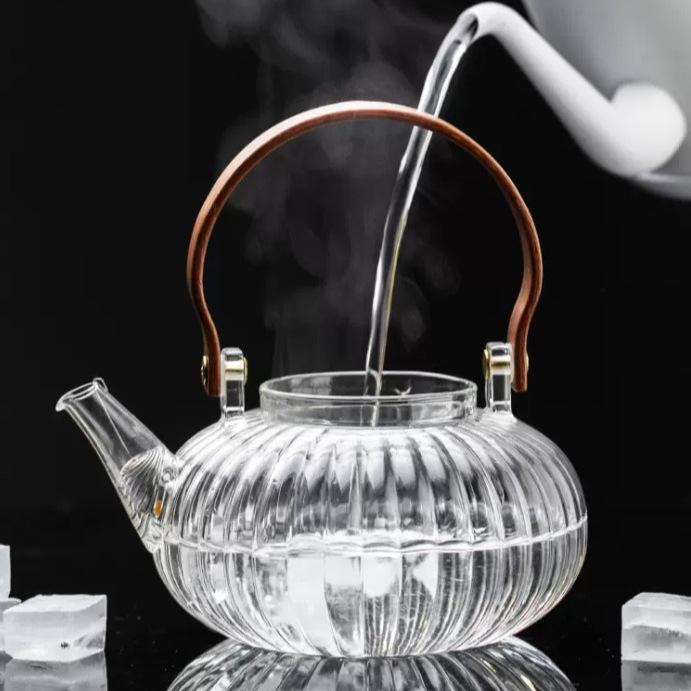 High-Temperature Resistant Pumpkin Glass Tea Set with Striped Design and Tea Infuser
