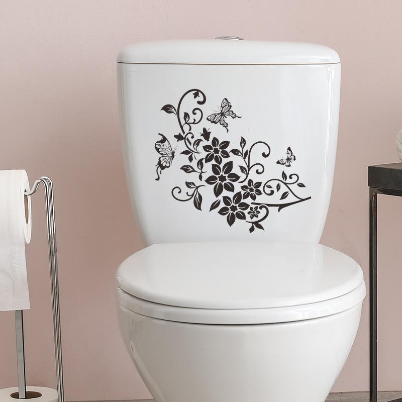 Künstlerischer schwarzer Blumenranken mit Schmetterling Toilettensitz-Aufkleber Badezimmer Heimdekoration Selbstklebend Abnehmbare Aufkleber
