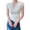 A New Summer V-neck, Fashionable and Stylish Short-sleeved, Form-fitting, Fly-sleeved Blouse with A Knitted Base Layer