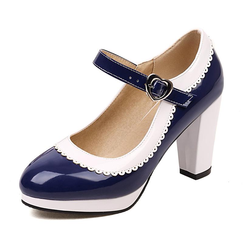 

Blue Platform Mary Janes Women High Block Heel Pink Red Bordered Patent Leather Party Dress Lady Sweet Heart Buckle Lolita Pumps 44 темно-синього кольору