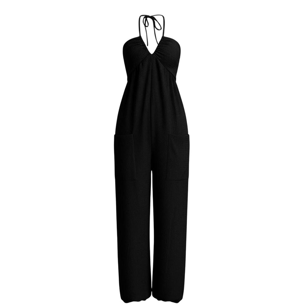 Women Halter Neck Casual Jumpsuit Sleeveless Loose Fit Wide Leg Pants with Pockets for Everyday Wear