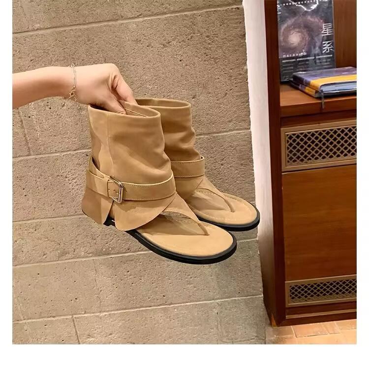Vintage Sandals, New Versatile, Toe Clip Belt Buckle Flat Sandals, Black Slim Pants, Tube Boots, Roman Shoes Women