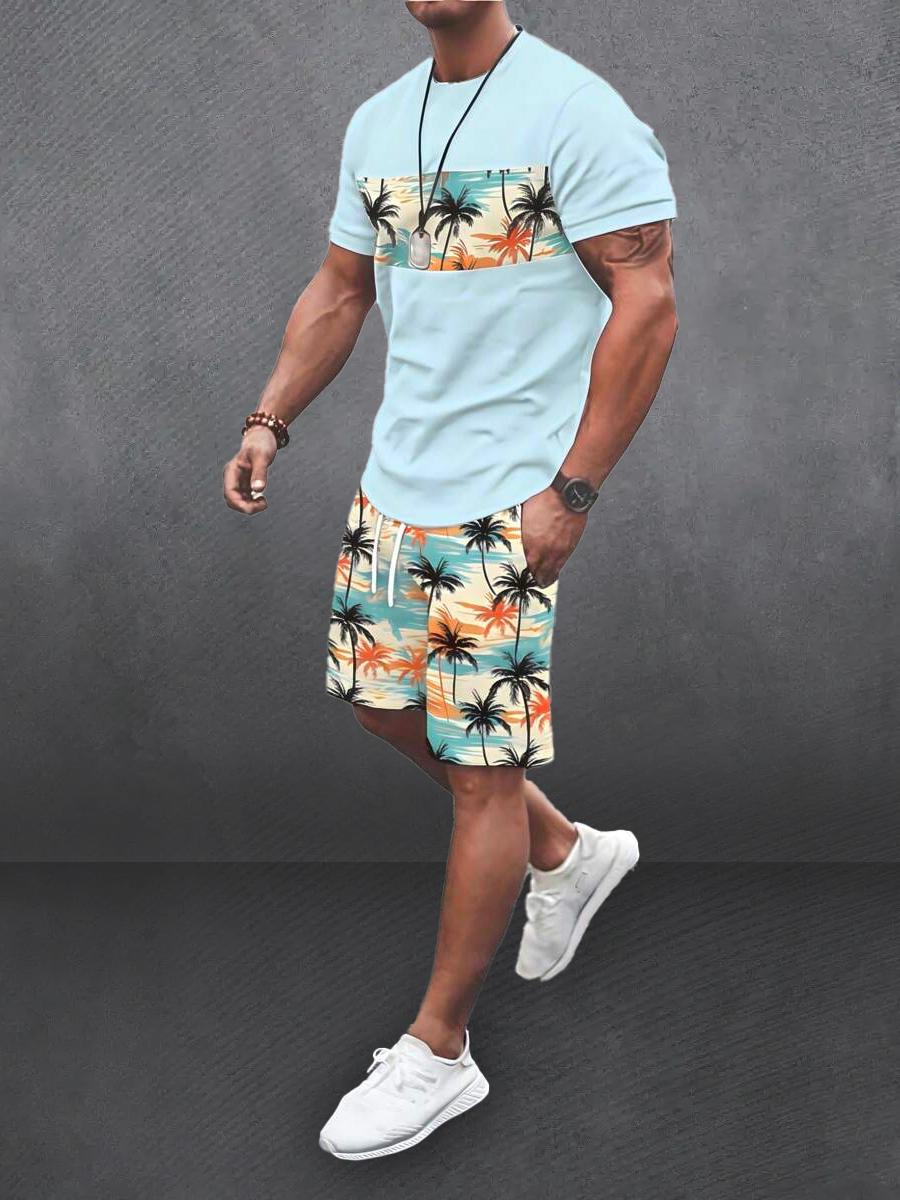 

Лето 2025 Мужской Пляжный Повседневный Комплект из 2 предметов: Футболка с коротким рукавом и шорты с 3D-принтом пальм, Нейтральная футболка XL