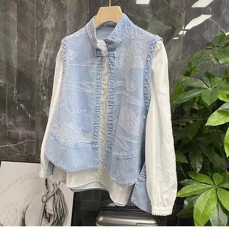 Fashion Denim National Style Chinese Style Vest Loose and Thin Outside Western Style Summer Thin Shoulder Waistcoat