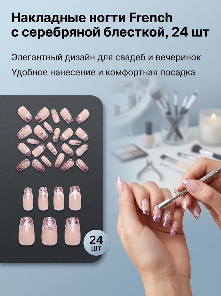 French Medium Length False Nails With Glitter Silver Powder 24 Pieces Elegant Design For Weddings And Parties