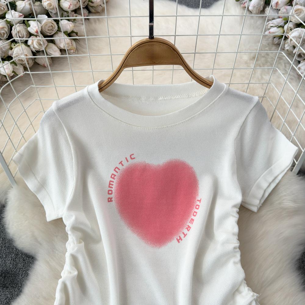 Summer New Heart Design Sweet Tops Spice Girl Round Neck Love Printing Drawstring T-shirt Casual Women Short Sleeve Fashion Blouse