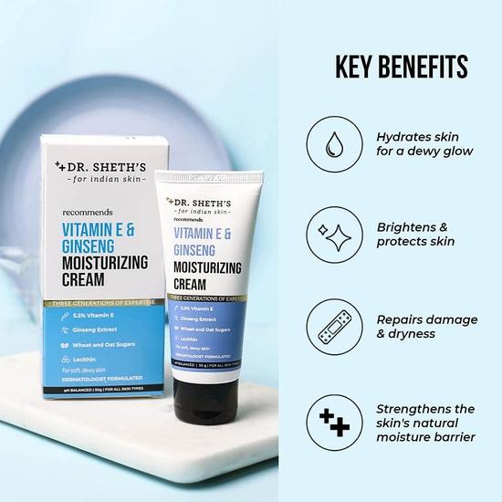 Dr. Sheth's Vitamin E & Ginseng Face Moisturizer Cream for Instant Hydration | Non-Greasy, Fast-Absorbing | Repairs Damage |Unisex | 50g