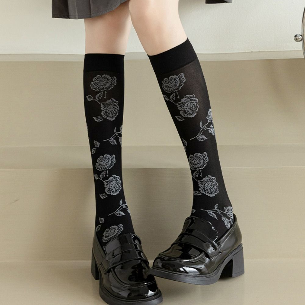 2Pairs Streetwear Retro Rose Stockings Lolita JK Mid Tube Long Socks Sweet Flower Stockings  Summer