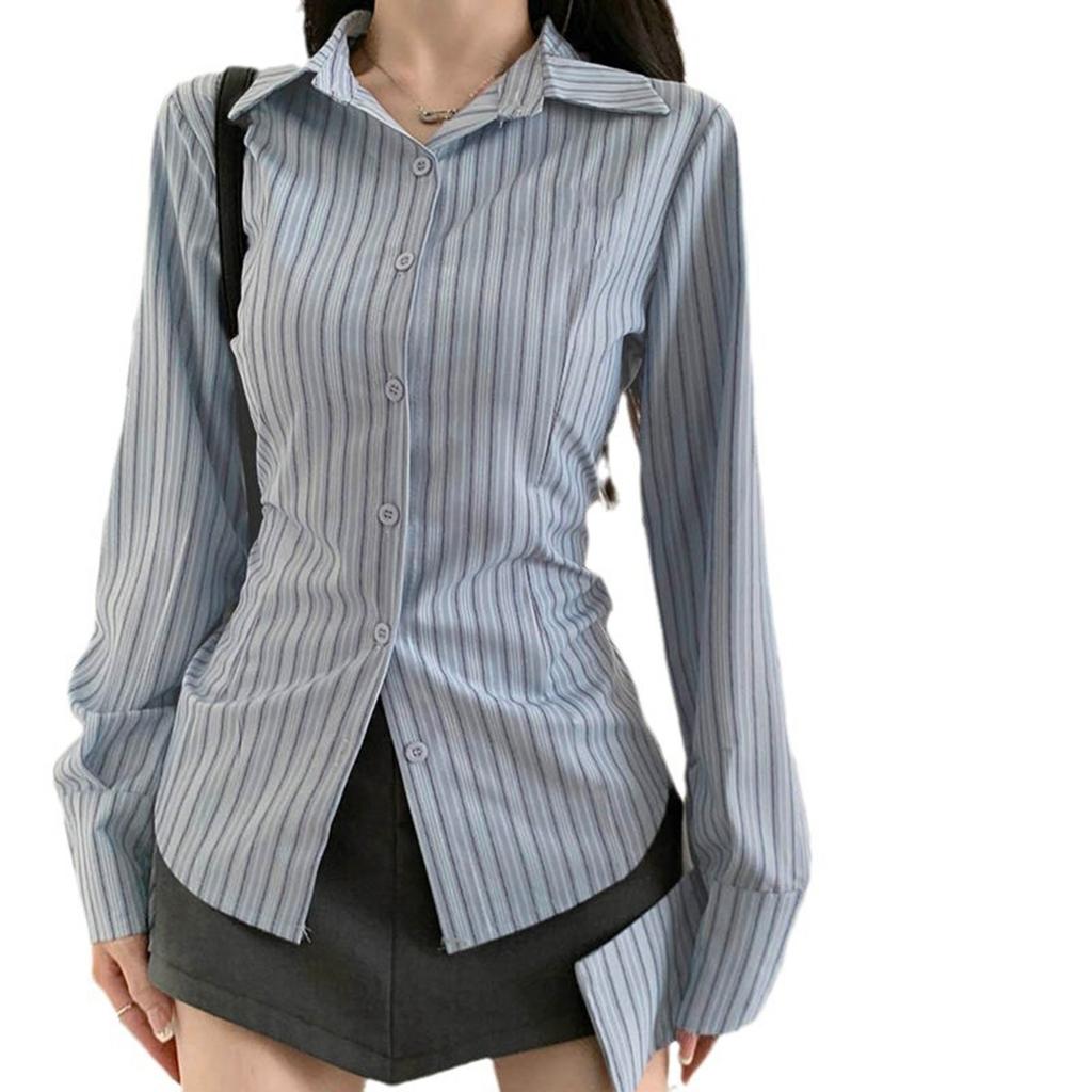 Women's Blue Striped Waist Top Long Sleeve Shirt
