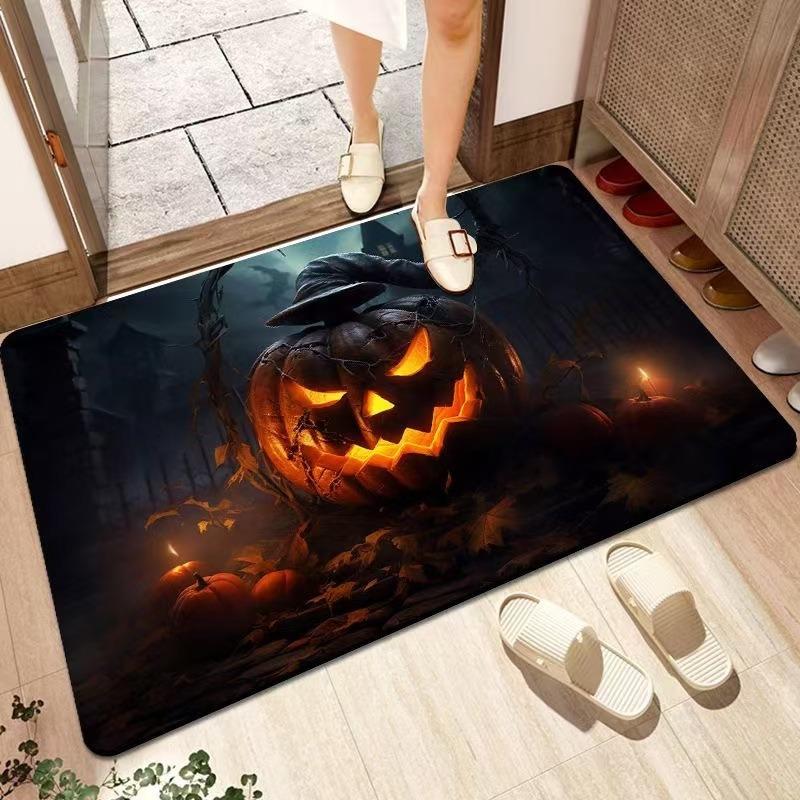 Halloween Theme Door Mat With Spooky Pumpkin Bat Haunted House Patterns Soft Decorative Entryway Rug For Home Indoor