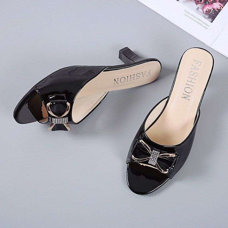 

Fish mouth slippers women s outer wear 2025 Korean version versatile women s large size butterfly section high heels thin heel cool slippers 42 чёрный