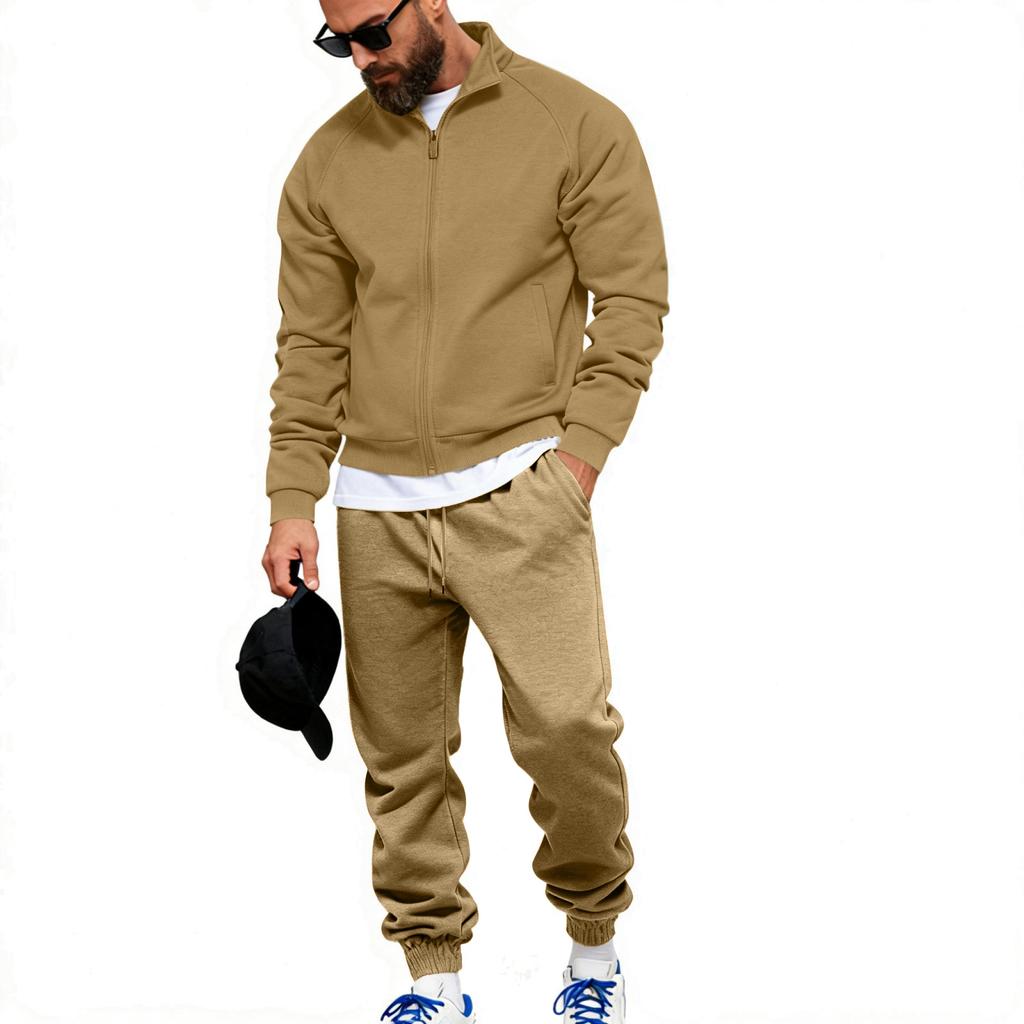 Men's Casual Fleece And Thickened Sportswear Set, Solid Color Long-sleeved Zipper Jacket, Drawstring Sweatpants Two-piece Set