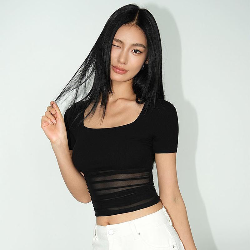 Short-sleeved T-shirt Square Stitching Top Short Top