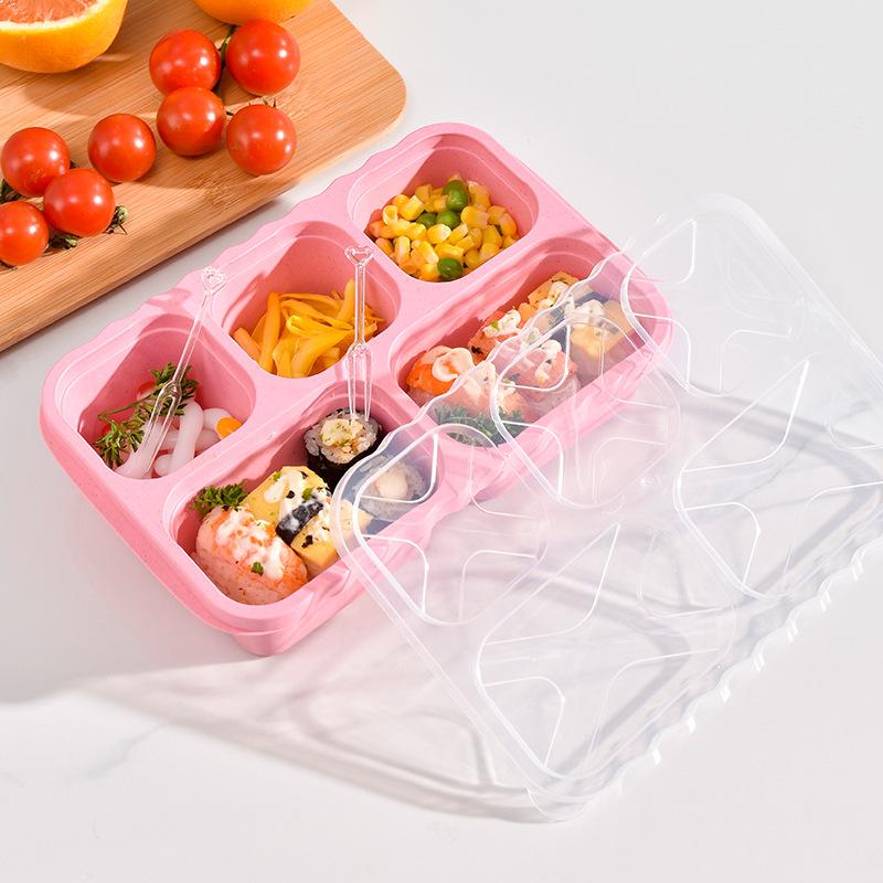 Weizenstroh Quadratische Fünf-Fächer Lunchbox Outdoor Tragbare Bento Box Snackteller Snack-Obstbox
