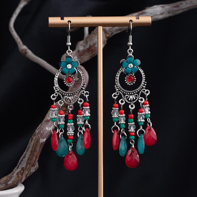 Bohemian Ethnic Style Earrings, High-End Long Water Drop Beaded Fringed Earrings, Women S Light Luxury Vacation Style Earrings.