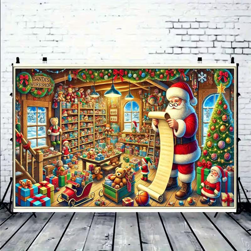 2D Santa Workshop Christmas Photo Backdrop Xmas Party Decor Cloth