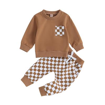 Toddler Boys 2PCS Pants Sets 6M 12M 18M 24M 3Y Long Sleeve Sweatshirt Tops and Checkerboard Print Drawstring Pants Sets