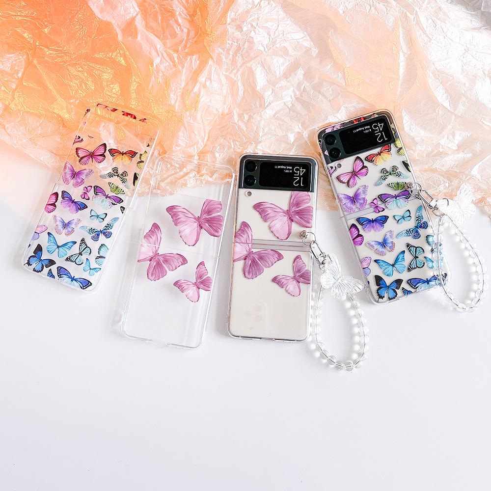 For Samsung Galaxy Z Flip 4 3 Case Butterfly Painted Bracelet For Samsung Z Flip3 Case Transparent Shockproof Pc Hard Back Cover