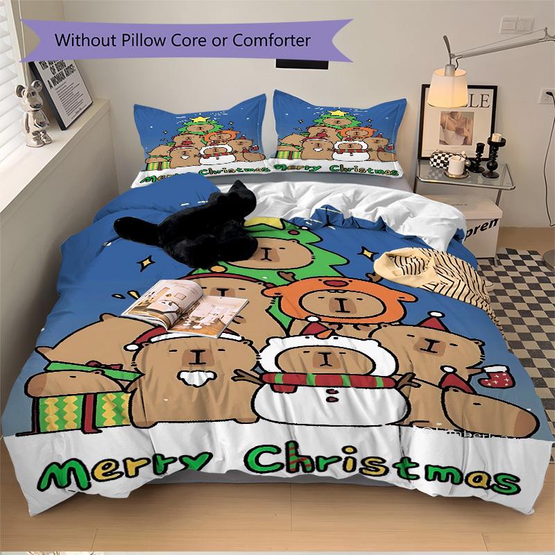 3pcs Christmas Capybara Bedding Set - 1 Duvet Cover + 2 Pillowcases(Core Not Included), Machine Washable Polyester yy251216160