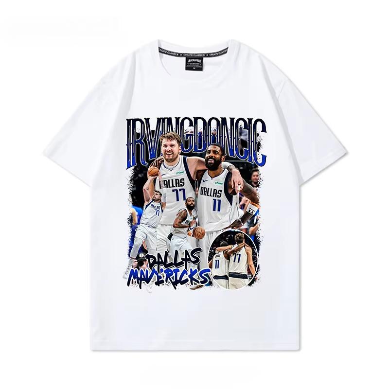 Dallas Mavericks Kyrie Irving Luka Doncic Print Pure Cotton Short Sleeve T-Shirt, American Vintage Basketball Trendy Casual Summer T-shirt