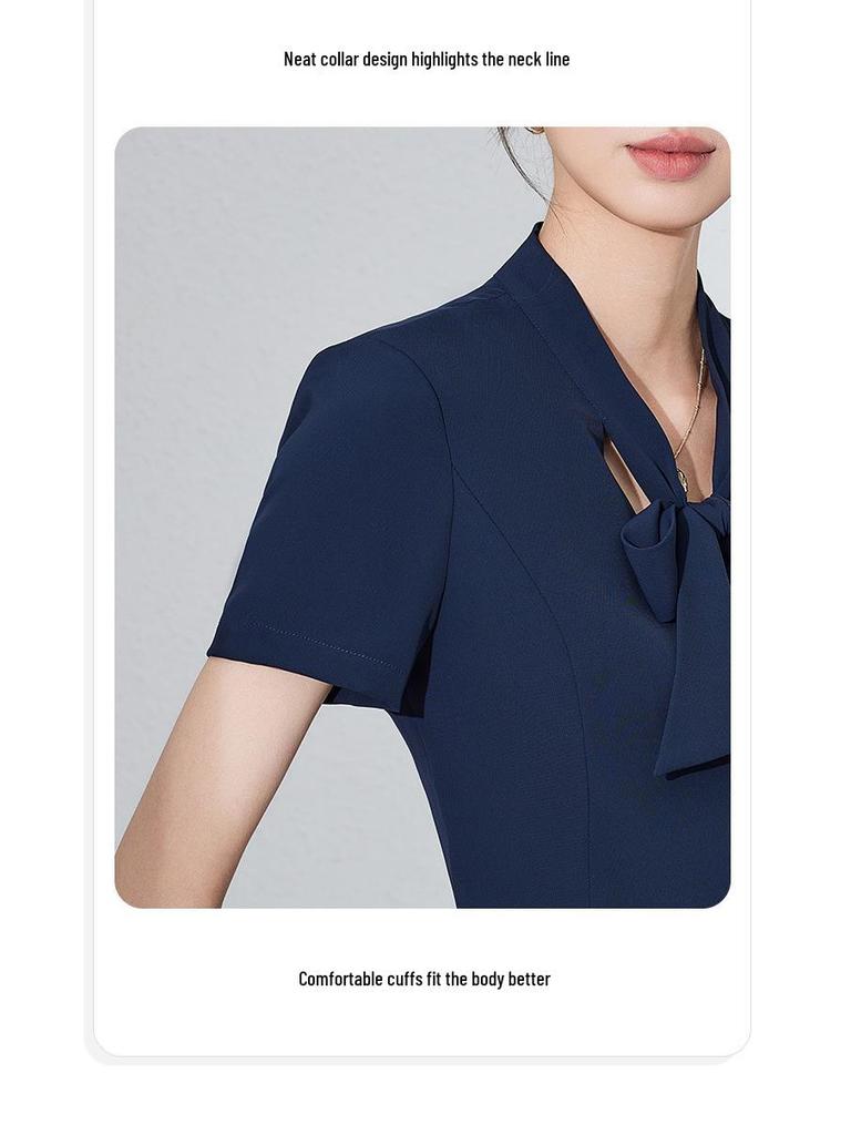 Women's Thin Dark Blue Short-Sleeve Suit Set - Summer Hotel Front Desk, Lobby Manager, Jewelry Store Uniform