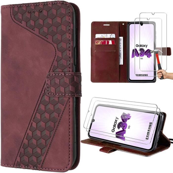 Coque de protection - Samsung - Galaxy A34 5G - Rouge - Cuir PU - Motif Isométrique