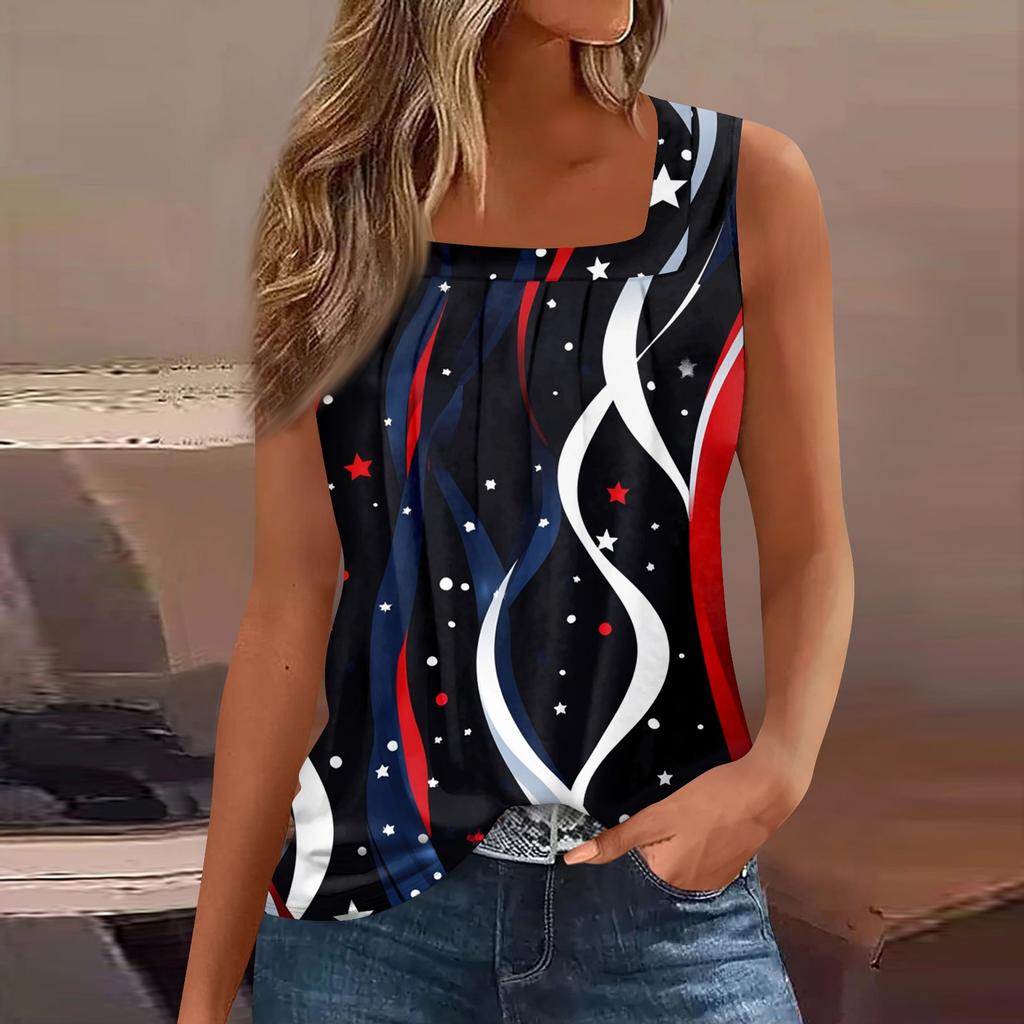 Women's Summer Casual Pleated Square Neck Sleeveless Tank Top Printed T-Shirt