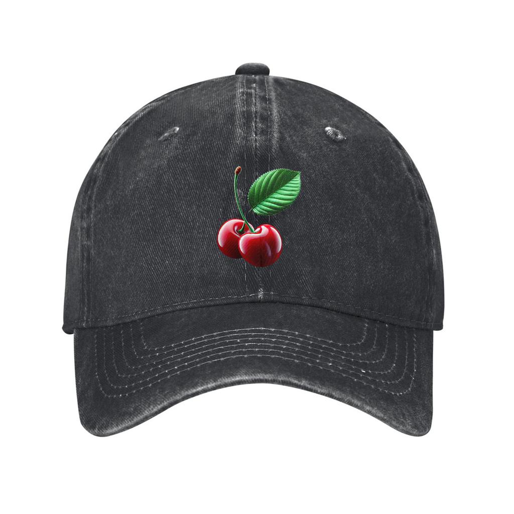 Cherry Print Washed Black Baseball Cap Cotton Adjustable Dad Hat Casual Outdoor Golf Cap