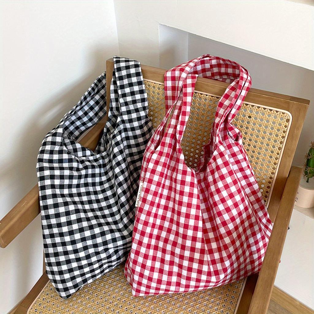 Women's Large Capacity Lightweight Foldable Tote Bag with Plaid Pattern -Suitable for Commuting, Travel, Camping Handbag
