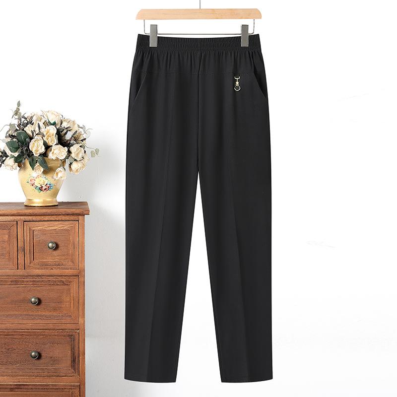 Middle Aged and Elderly Women's Summer Thin Pants Mom's Pants Plus Size Straight Leg Pants Grandma's Ice Silk Cropped Pants