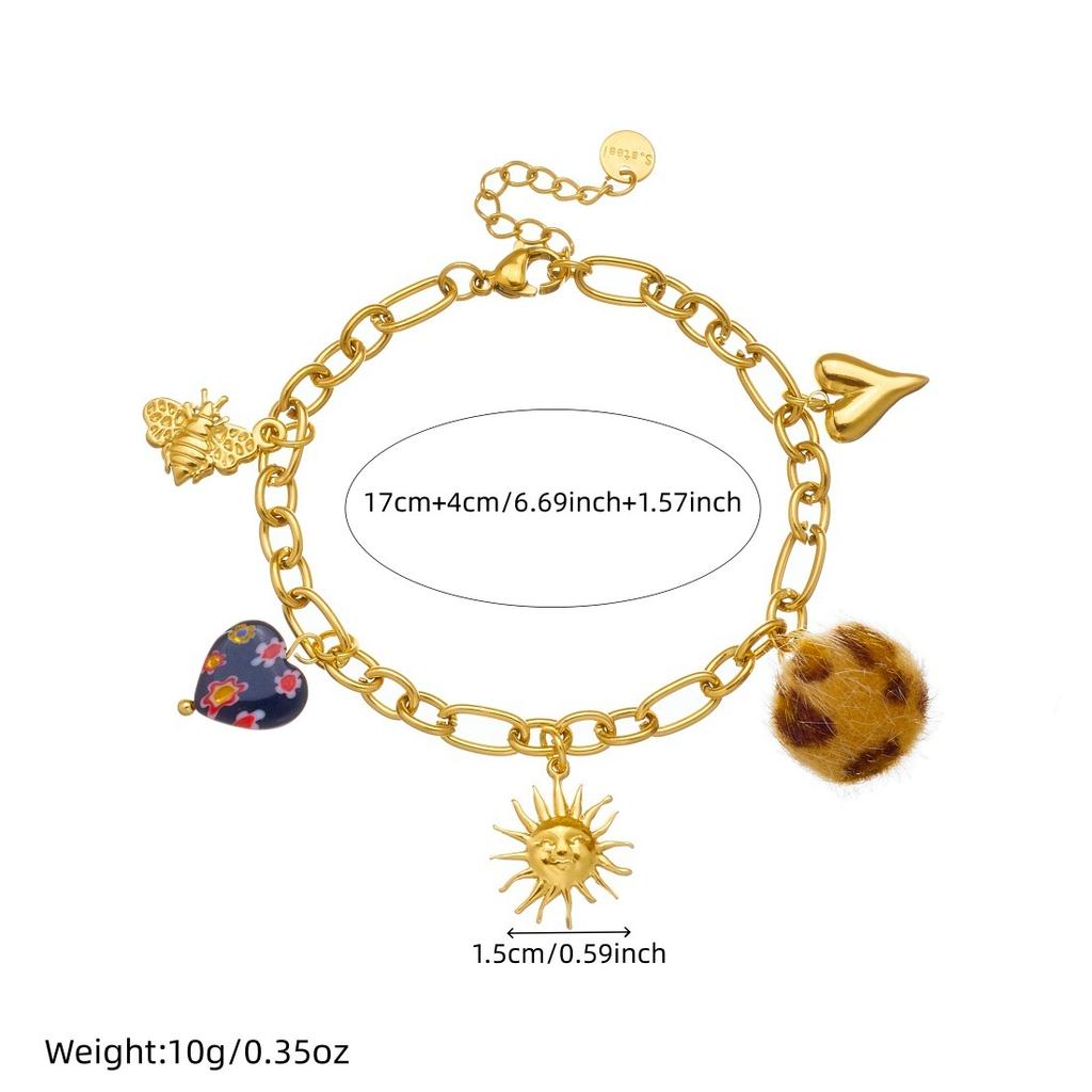 New Fashion Charm Bracelet Stainless Steel 18K Gold Plated Chain Bracelet with Sun Heart Fur Ball Charms for Women