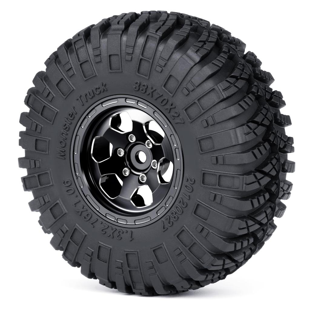 RCMAZO 4-Piece 1.3" Wheel and Tire Set, 1.3-Inch Aluminum Beadlock Wheel Rims with 7027mm Mud Terrain Rubber Tires for 118 124 SCX24 TRX4M RC Cars