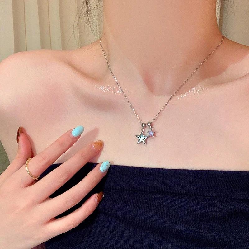 Stainless Steel Zircon Star Pendant Necklace for Women Exquisite Sweet Slider Necklace Vintage Casual Versatile Jewelry Gift New