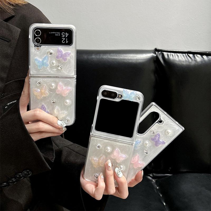 Colorful Butterfly Pearl Rhinestone Mobile Phone Case for Zflip6 Flip Folding Zfold7 Female New Model