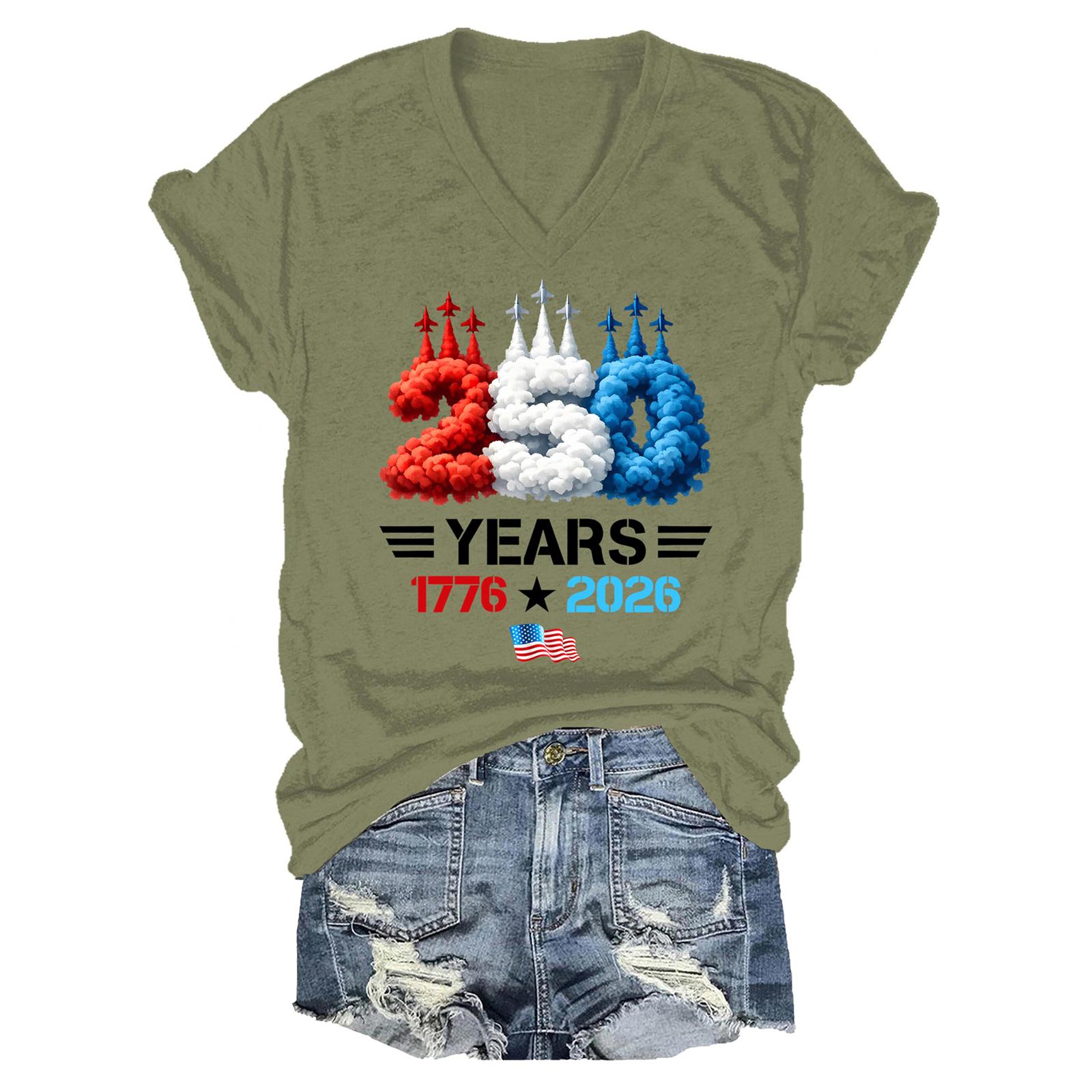 

250 Years 1776 2026 Graphic V Neck Short Sleeve Blouses for Women Casual Women s Short Sleeve Tops Loose Fit T Shirt L армия зеленый