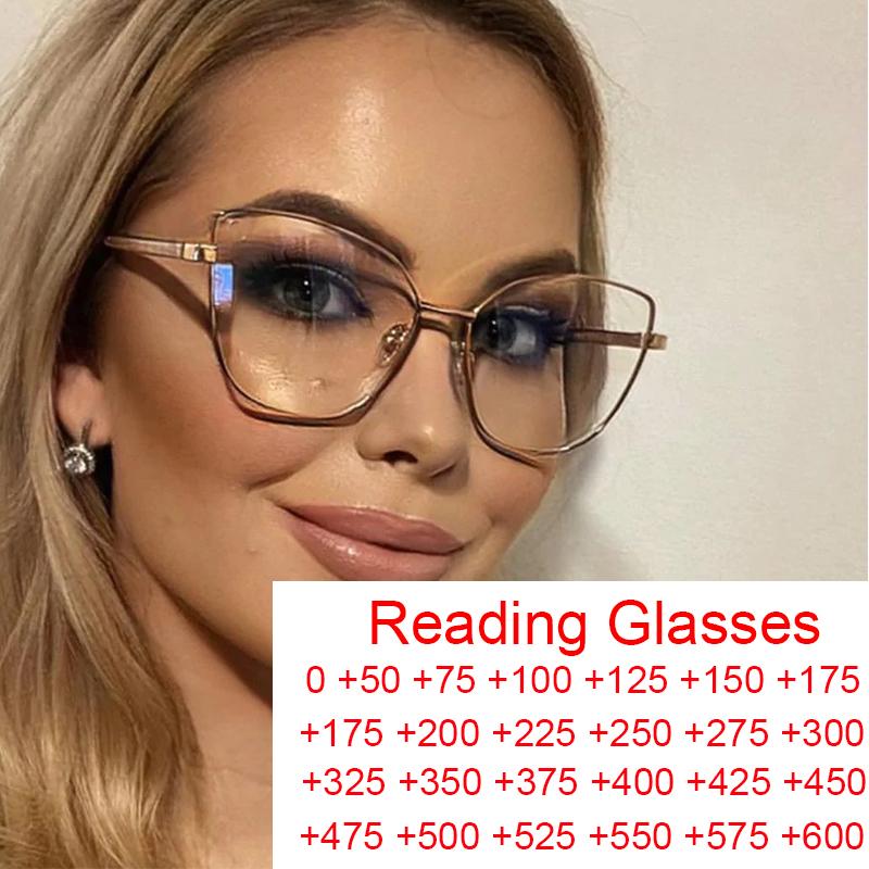 Elegant Cat Eye Reading Glasses Women Spring Hinge Metal Frame Blue Light Blocking Transparent Computer Eyeglasses