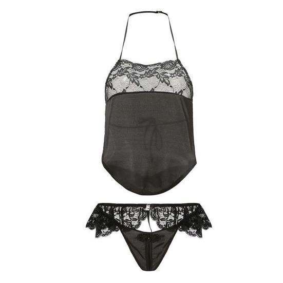 2 Pcs/Set Women Underwear Set Retro Lace Shirring Lace-up Halter Neck Backless Open Crotch Solid Color Seductive Nightie Honeymoon Bedroom Intimate