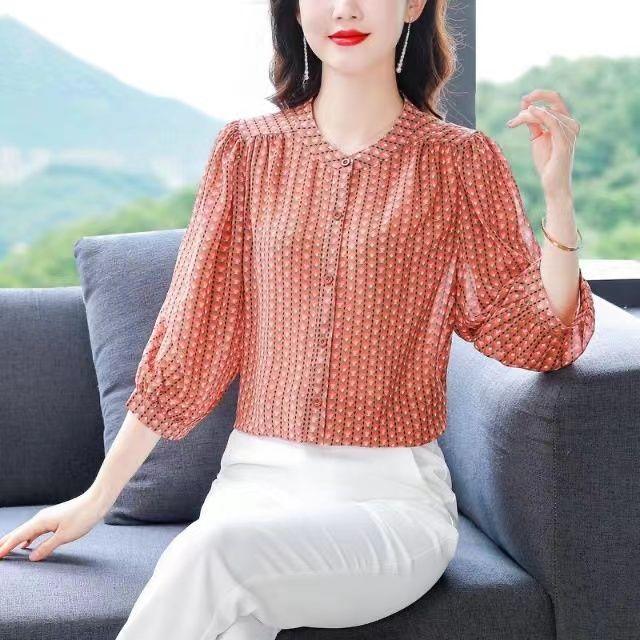 Moteriktig blomstrete chiffonbluse for kvinner, sommer allsidig syvarmet løs trykket topp