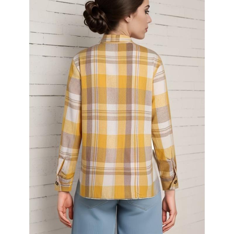 DAFIFY Women's Fashion Casual Spring Autumn Plaid Print Long Sleeve POLO Neck Blouses & Shirts